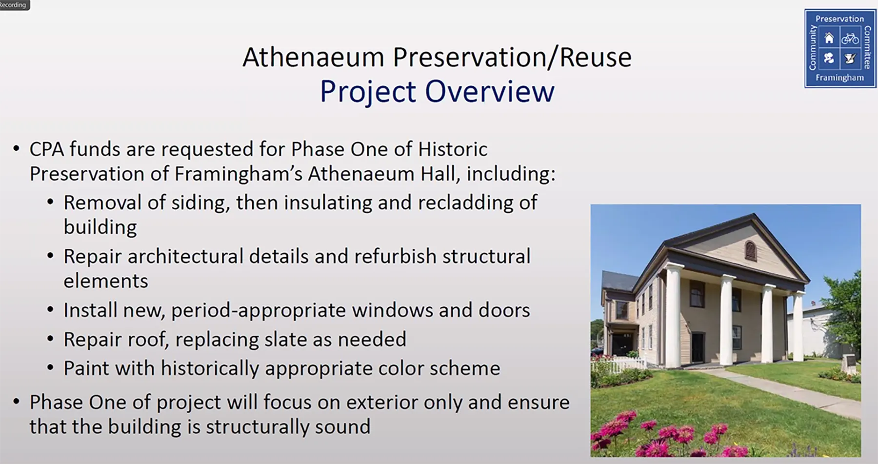 Info about what would be funded in the Athenaeum project