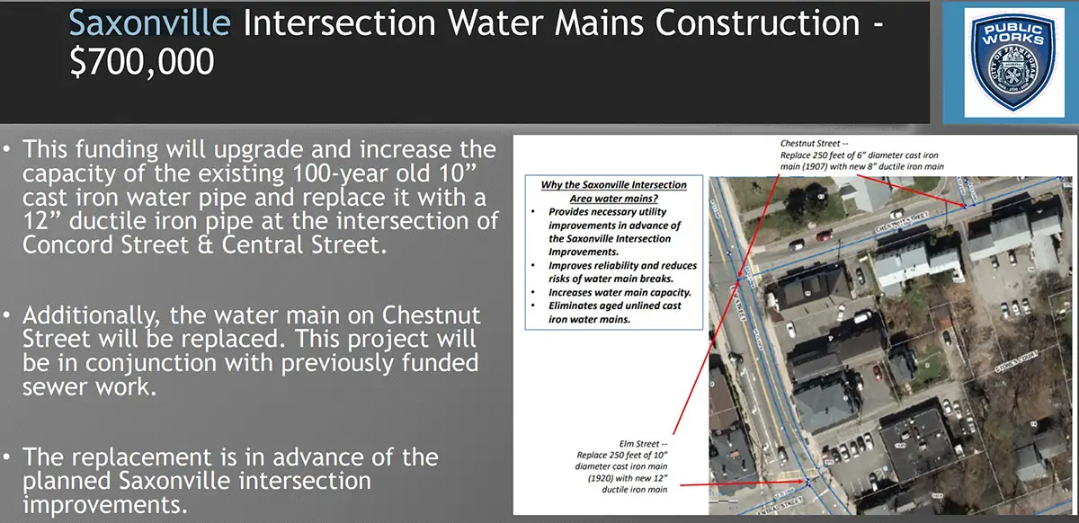 Slide showing plans for $700,000 Saxonville water main project