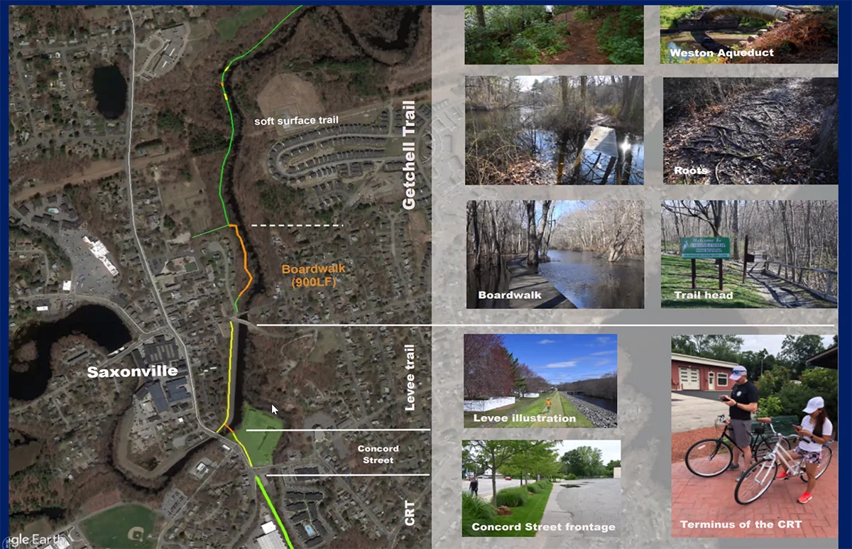 Photo showing line from end of Cochituate Rail Trail to start of Getchell Trail to the right of Concord Street