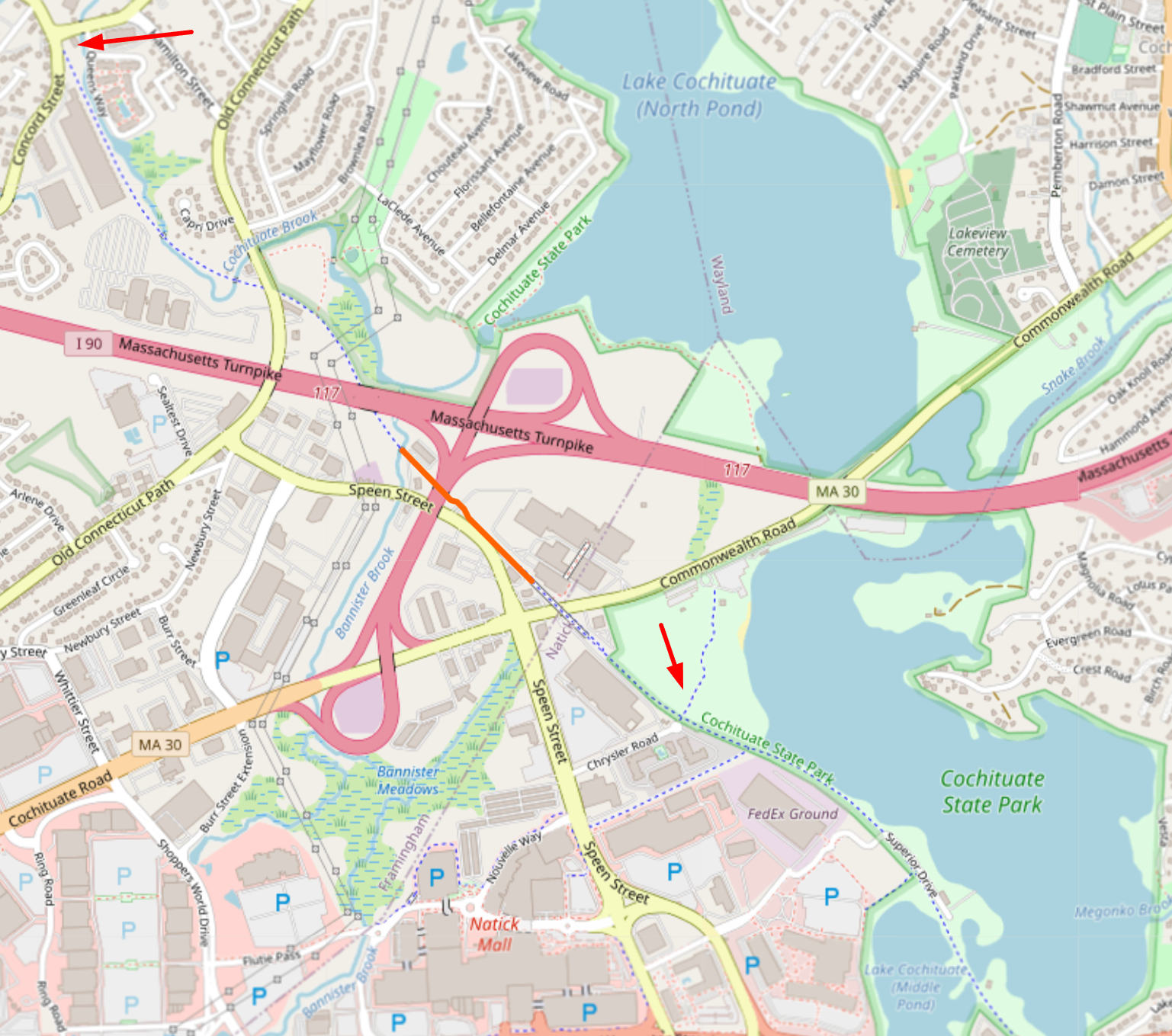 Map of the Cochituate Rail Trail with arrows pointing to the start in Saxonville and to the state park spur