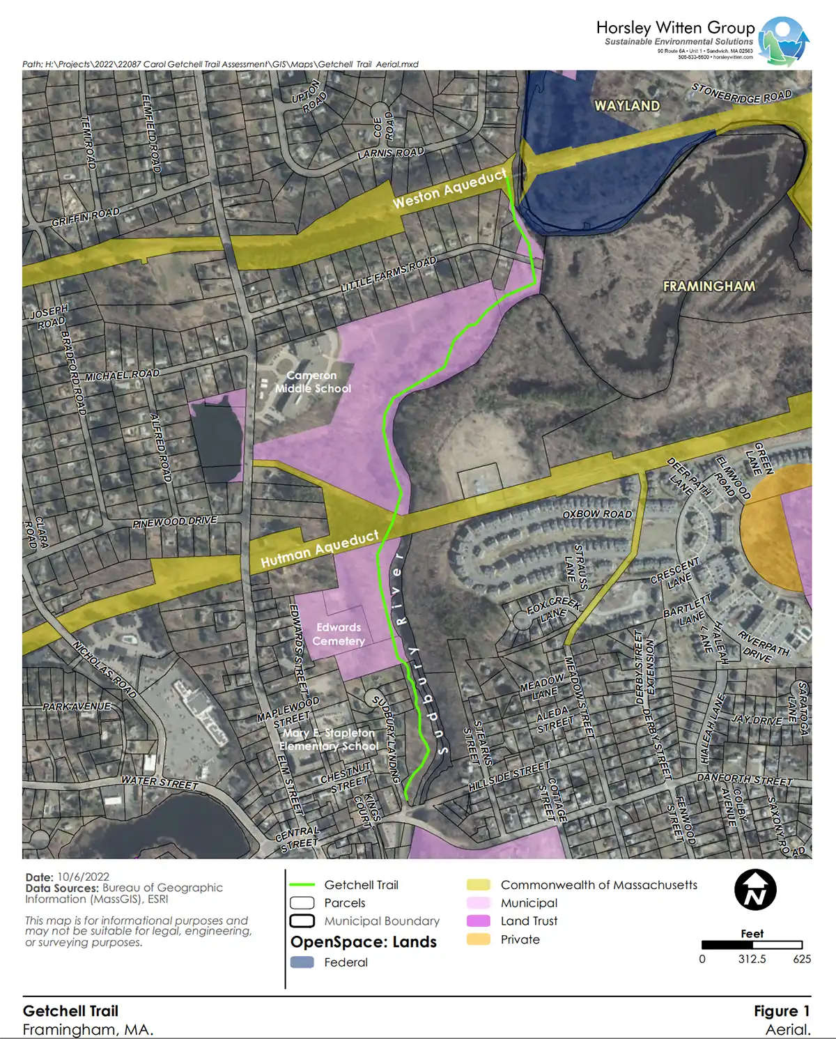 Map of the trail showing it in relation to the nearby neighborhood, including Cameron School, Stapleton School, and two aqeuducts as well as streets and houses.