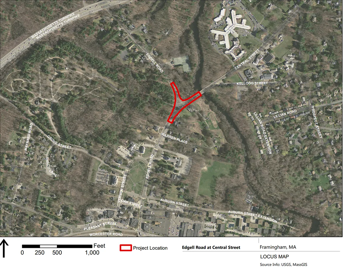 Map of the area covered by the Central Street / Edgell Road construction project