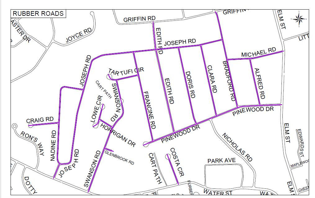 Map showing affected streets in purple: Alfred Road, Bradford Road up to Griffin Road, Clara Road, Costa Circle, Craig Road, Doris Road, Edith Road, Francine Road, Horrigan Drive, Joseph Road, Lowe Circle, Michael Road, Pinewood Drive, Swanson Road, and Tartufi Circle.