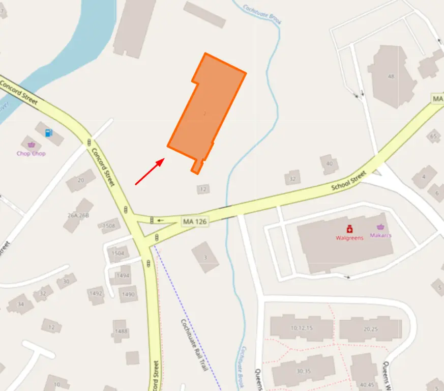 Map showing location of 2 School St. across from the start of the Cochituate Rail Trail