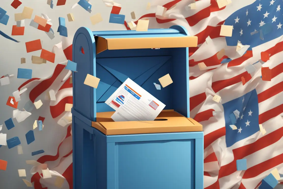Drawing of a mailbox with ballot part of the way in and patriotic imagery featuring US flag symbols around it