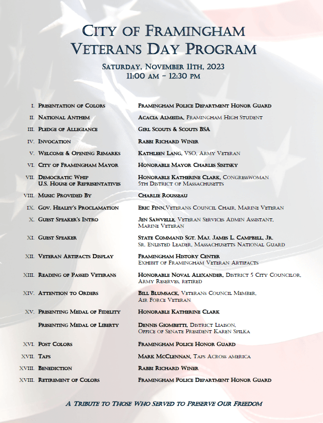 Schedule of events at the Veterans Day ceremony