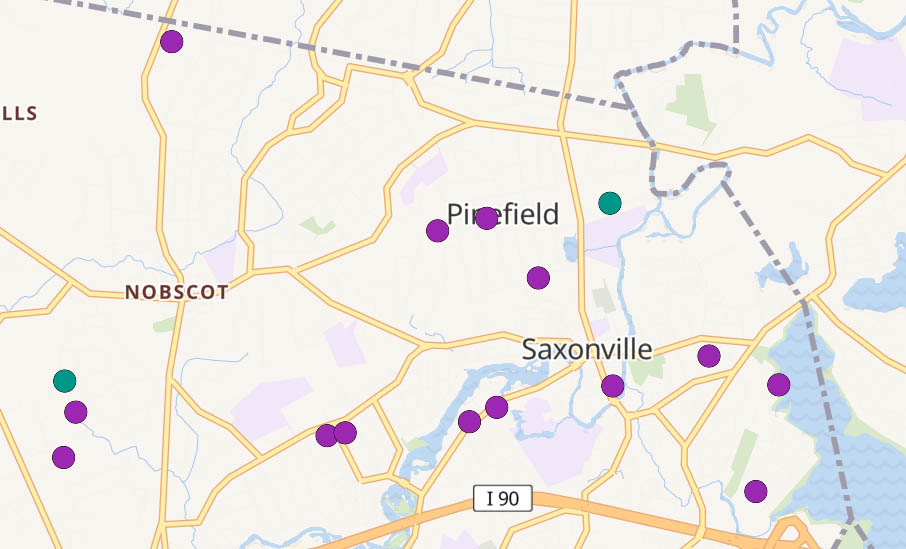 Map showing 14 purple dots and 2 green dots in northeast Framingham
