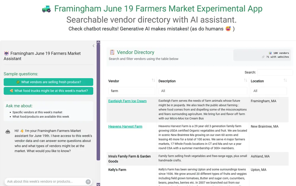 screenshot of the app with table on right and chatbot on left