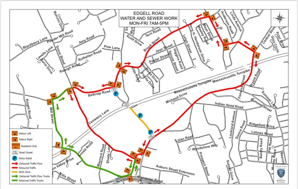 Map of detours during Edgell Road water and sewer work. Source: City of Framingham Facebook post