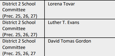 List showing the names of the 3 candidates running for School Committee in District 2 (Precincts 25, 26, 27)