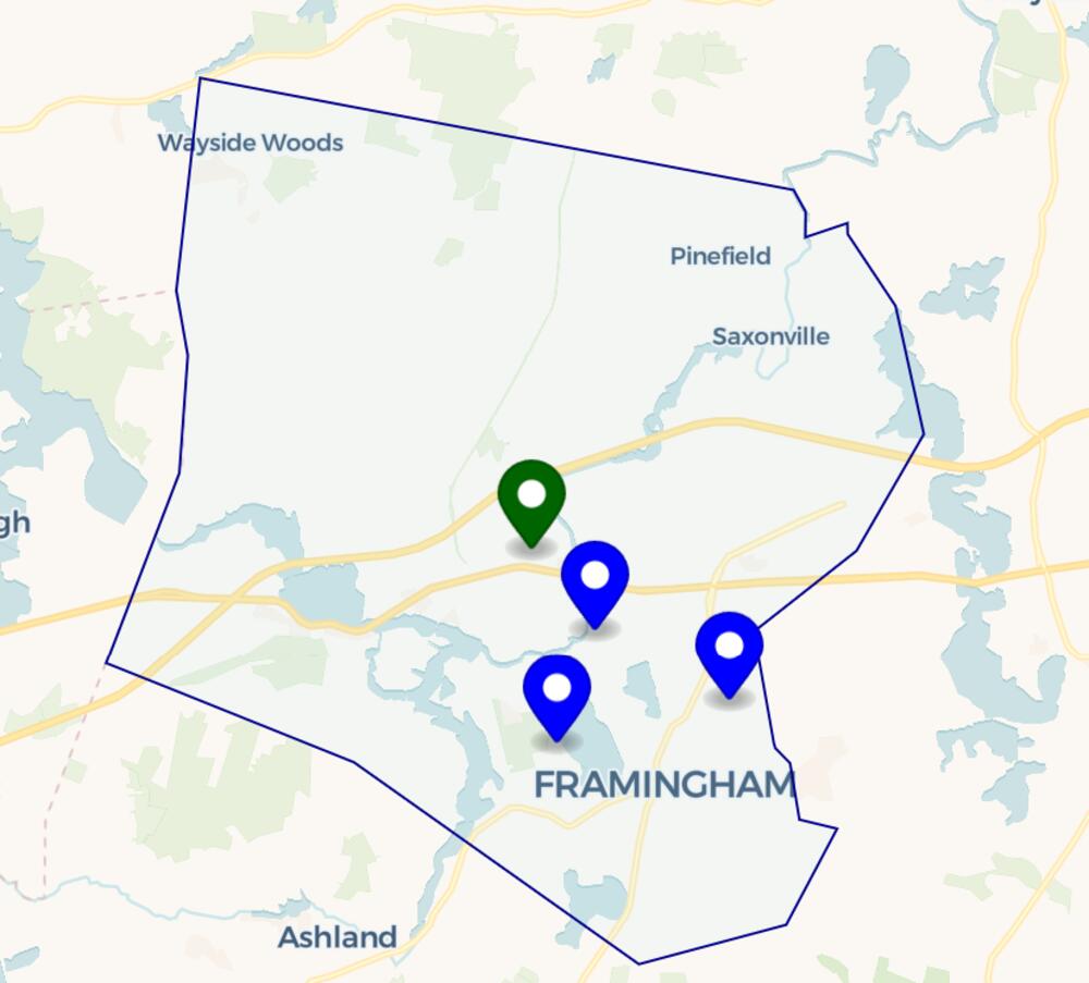 Map of Framingham with 4 markers: a green one at the Framingham Centre Common and blue ones at the new locations south of Rte 9