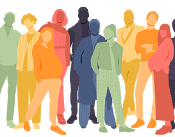 Stylized illustration of a diverse group of people standing together in a casual, relaxed pose. The figures are depicted with simplified, faceless features and are filled with solid, overlapping colors that give a layered, artistic effect. (Alt text by ChatGPT)