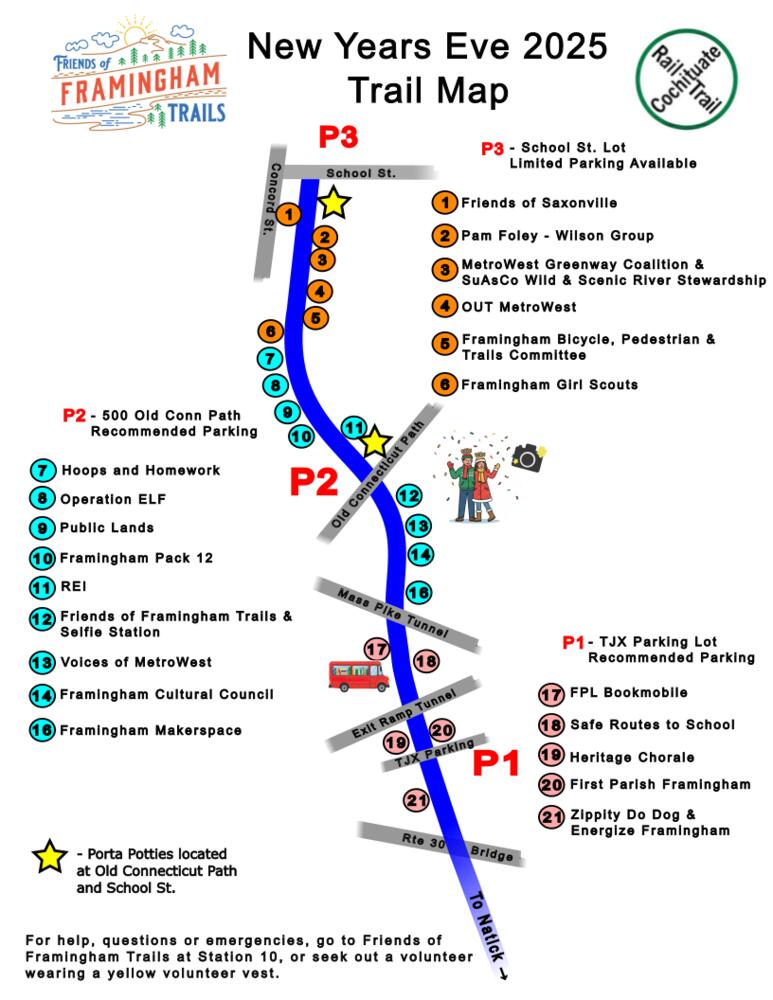 New Year's Eve map of fire pits, porta potties [at School Street and Old Connecticut Path] and parking