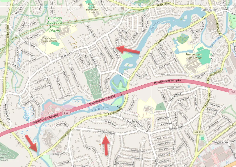 Map with 3 arrows pointing to areas of road work
