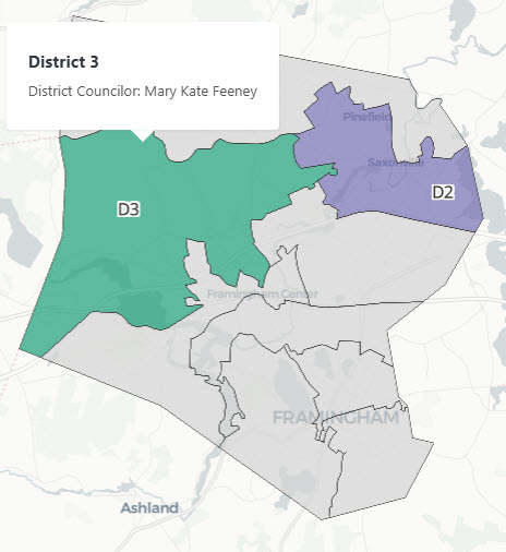 Map of Framingham districts with Districts 2 and 3 highlighted