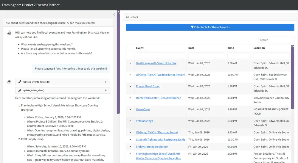 Screen shot of District 2 Framingham events chatbot
