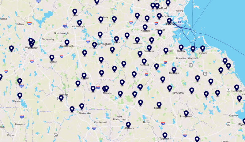 Map showing rally locations in various spots in part of Massachusetts