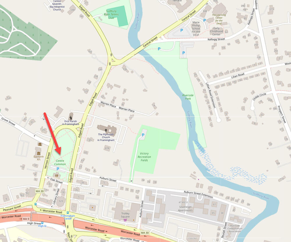 Map showing Framingham Centre Common area