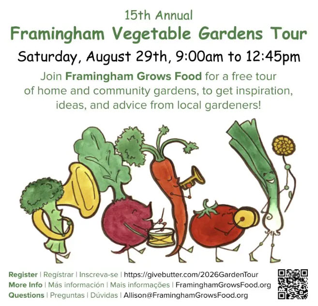 Promotional flyer for the event with details about the event and an illustration of 5 festive cartoon vegetables in a marching band