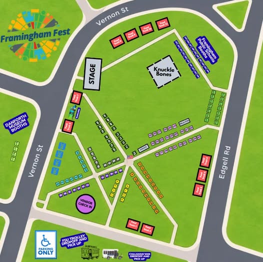 map showing layout of locations on the common. Via City of Framingham