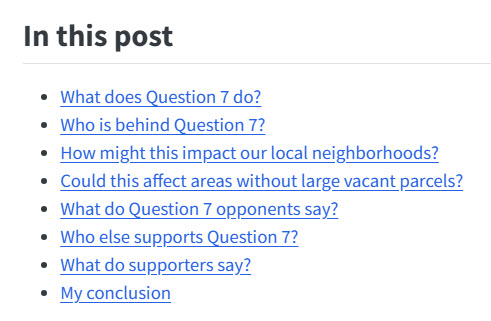 In this post table of contents: What does Question 7 do? Who is behind Question 7? How might this impact our local neighborhoods? Could this affect areas without large vacant parcels? What do Question 7 opponents say? Who else supports Question 7? What do supporters say? My conclusion